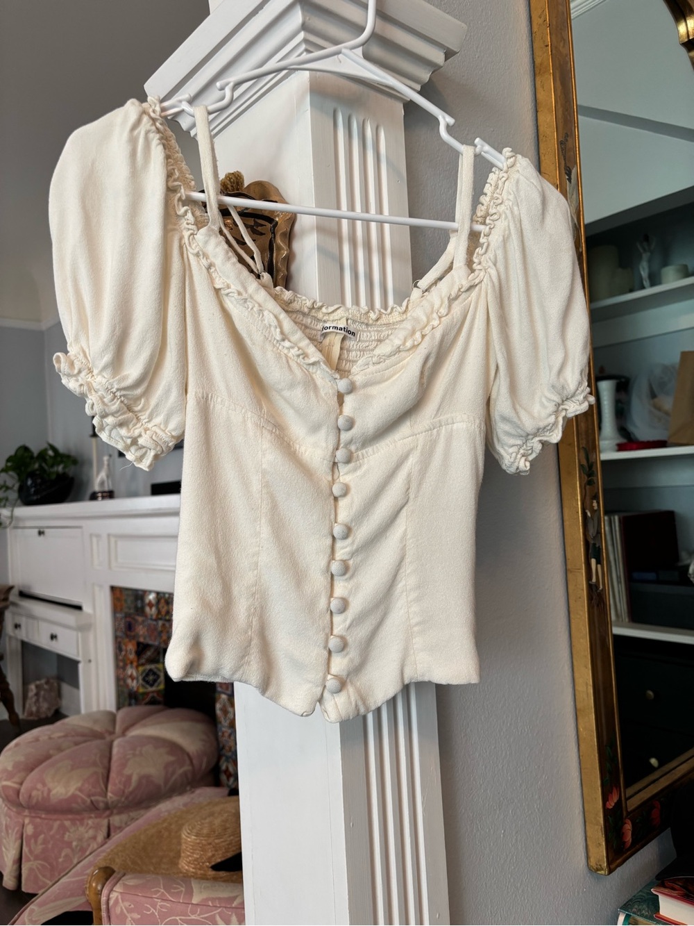 Reformation Sheer Puff Sleeve Button-Front Top in Cream - Picture 4 of 4